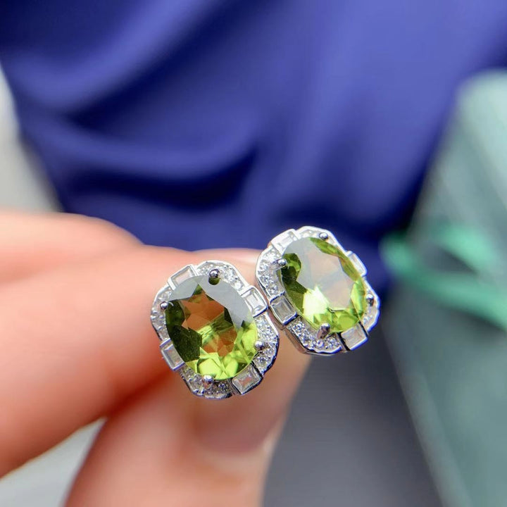 Natural Olivine Set 925 Silver Inlaid Rings Pendants Stud Earrings Three-piece Set Image 6