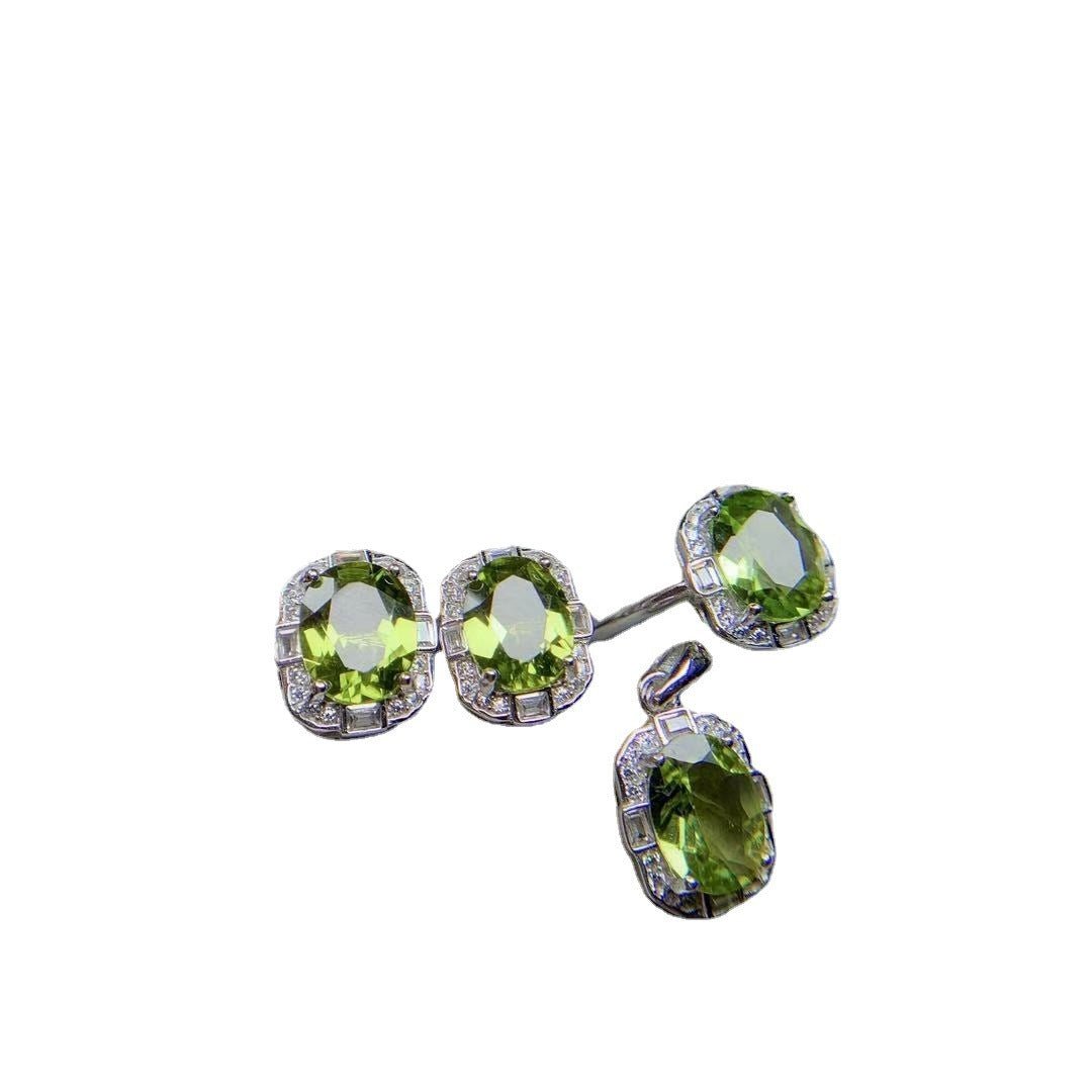 Natural Olivine Set 925 Silver Inlaid Rings Pendants Stud Earrings Three-piece Set Image 9