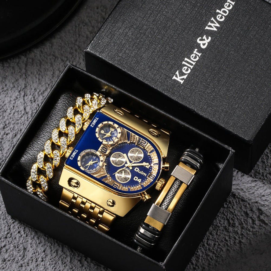 Set Multi-time Zone Large Dial Luminous Mens Watch Steel Belt Leisure Image 1