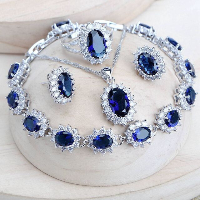 Silver 925 Women Bridal Jewelry Sets Blue Zirconia Costume Image 1