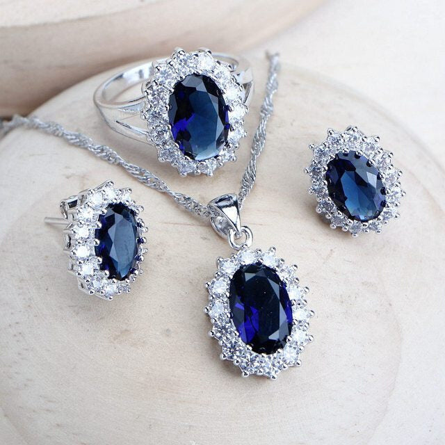 Silver 925 Women Bridal Jewelry Sets Blue Zirconia Costume Image 3