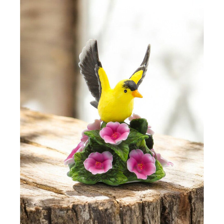 Ceramic Goldfinch Bird Figurine 4in Flowers Vintage Garden Decor Image 1