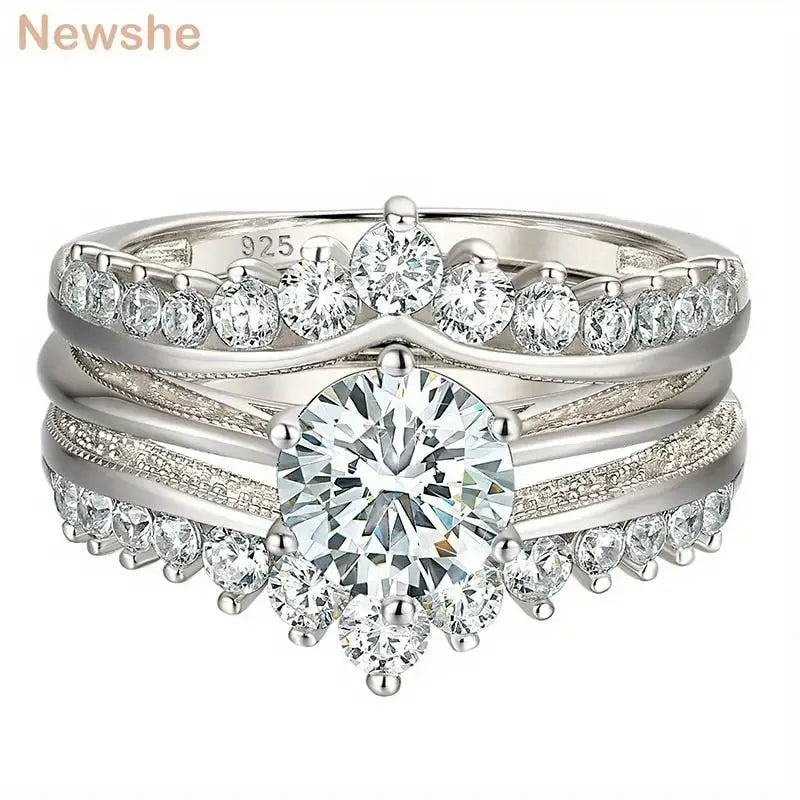 Newshe Luxury Solid 925 Sterling Silver Wedding Engagement Rings Set Image 1