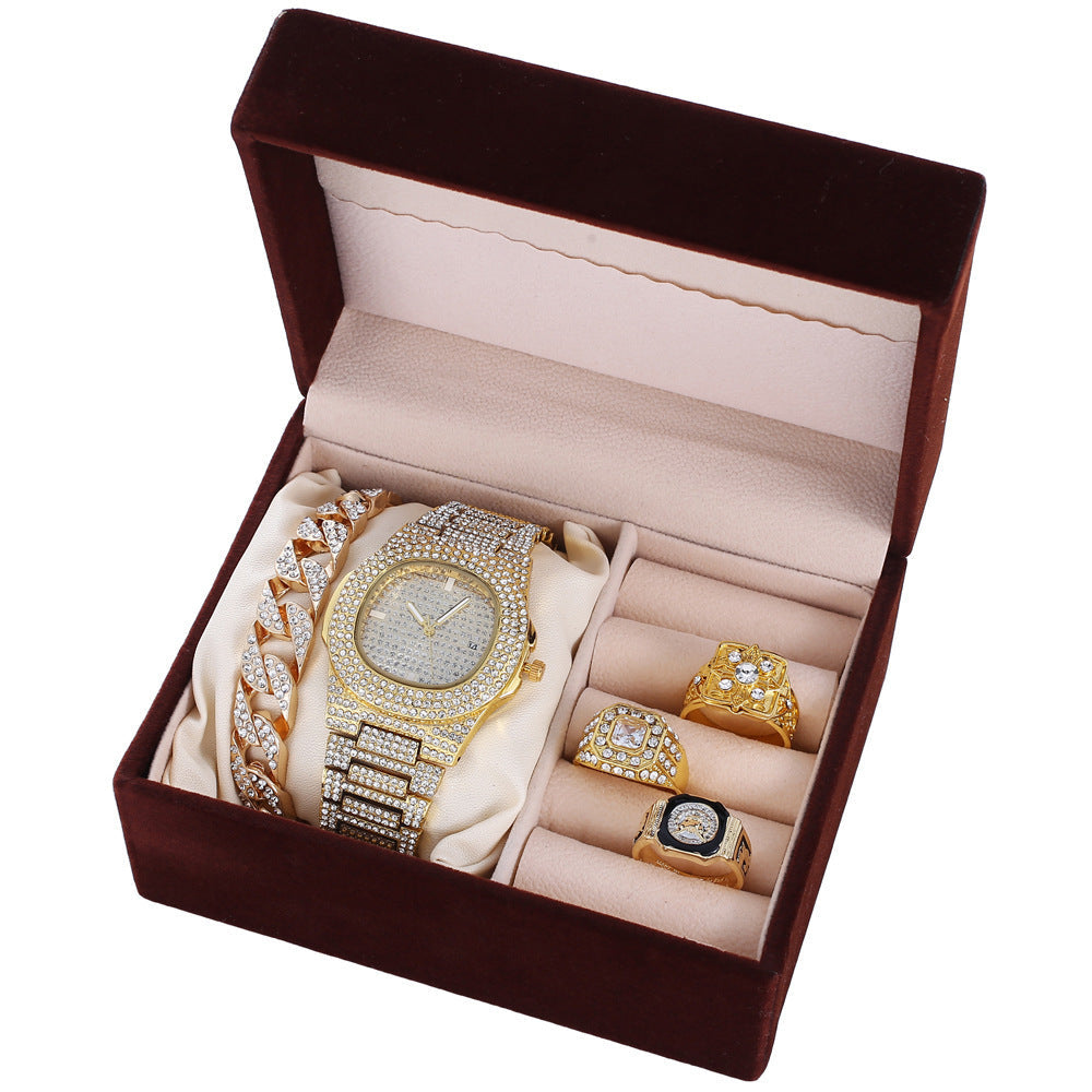 Send Father Diamond-set Calendar Disc Watch Bracelet Ring Fashion Temperament Set Gift Box Image 4