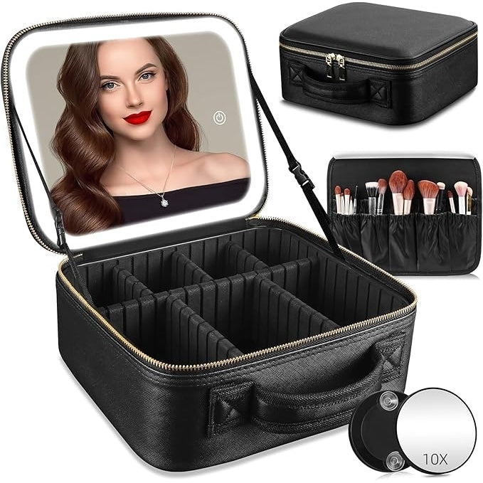 Travel Makeup Bag with LED Mirror  Adjustable Dividers  Detachable 10x Magnifying Mirror Image 1