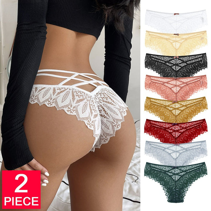 Women Fashion 2Pcs/Lot Temptation Panties Lace Underwear Low-Waist Thong Hollow Out G String Briefs Comfortable Lingerie Image 1