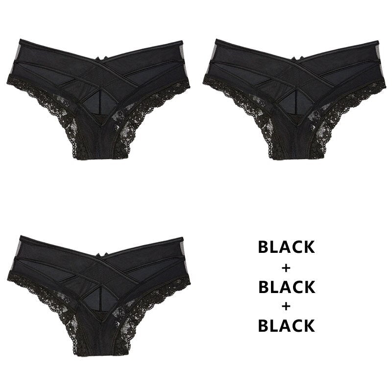 Women Fashion 3pcs/Lot Panties Lace Low-Waist Brief Female Underwear Lady Cross Strap Hollow Out Lingerie G String Image 7