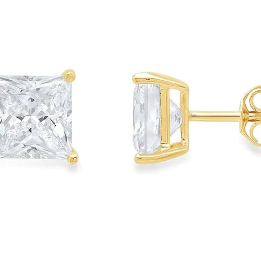 Paris Jewelry 14K Yellow Gold 2 Carat Princess Diamond Solitaire Stud Earrings Image 1