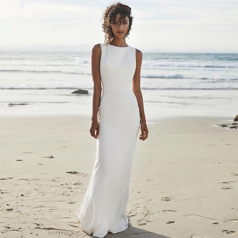 Beach Wedding Dress V Back Soft Satin Floor-length Skirt Mermaid Bride Image 4