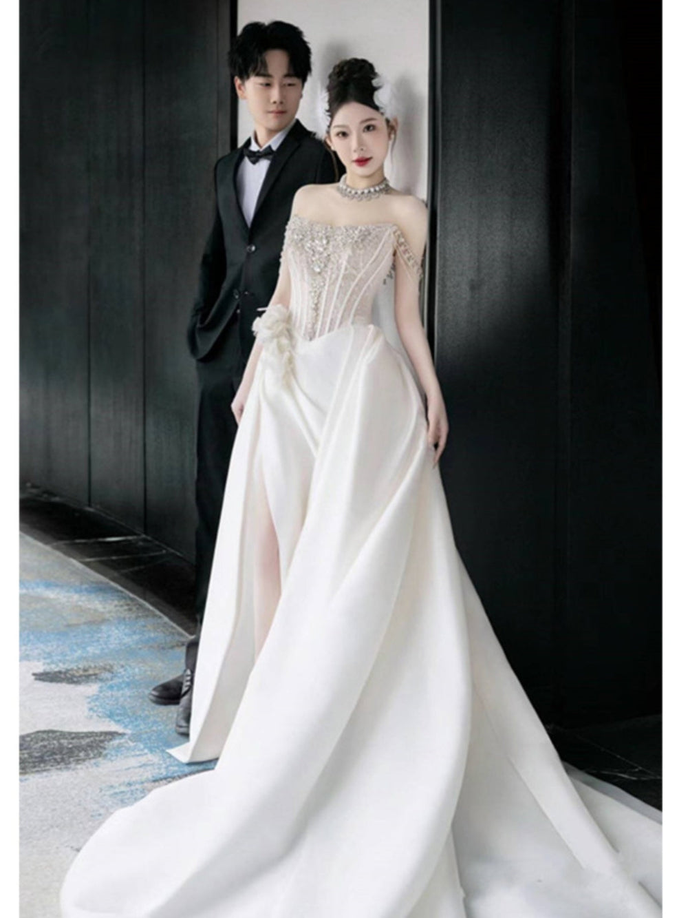 Bridal Wedding Satin Off-shoulder Light Wedding Dress Image 2