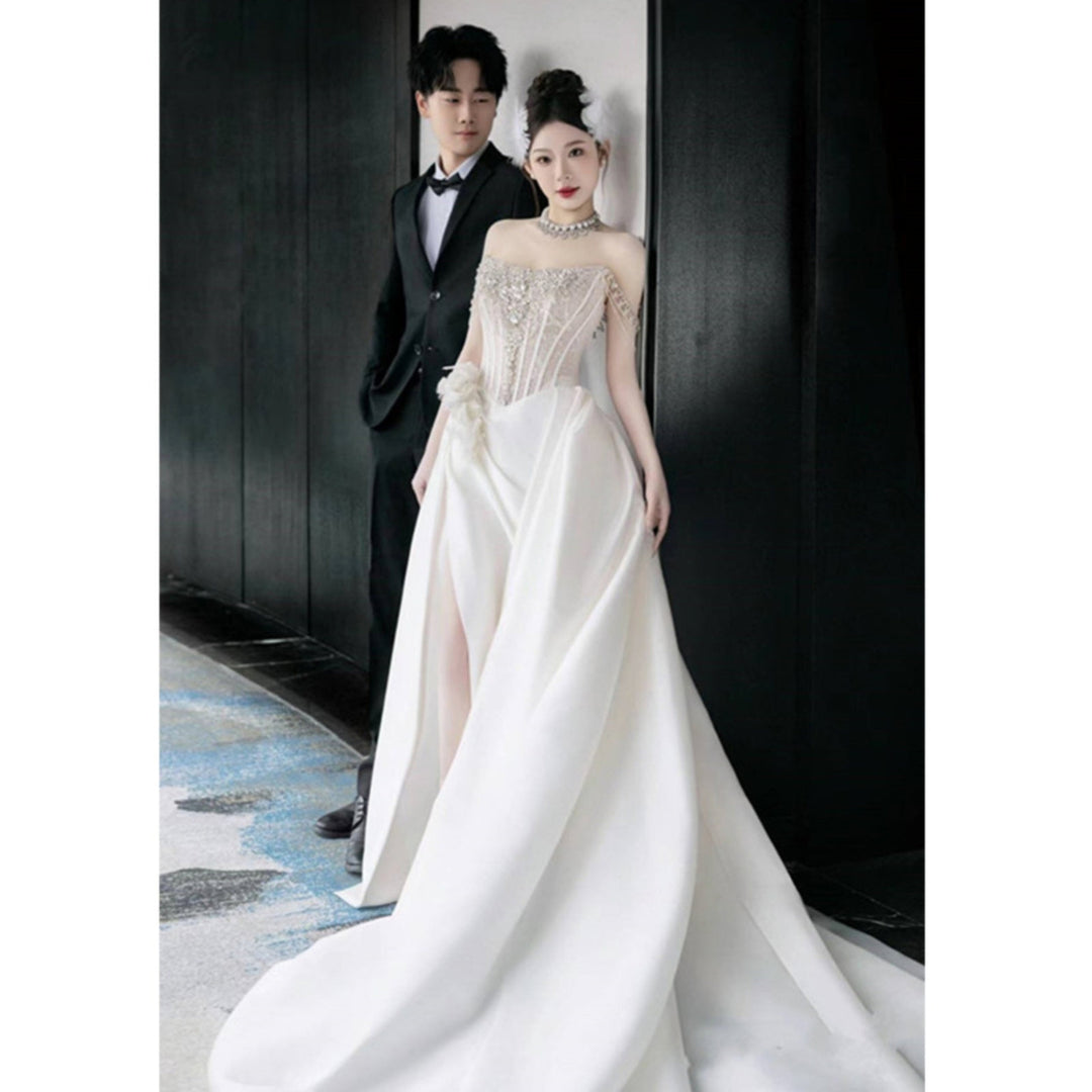 Bridal Wedding Satin Off-shoulder Light Wedding Dress Image 3