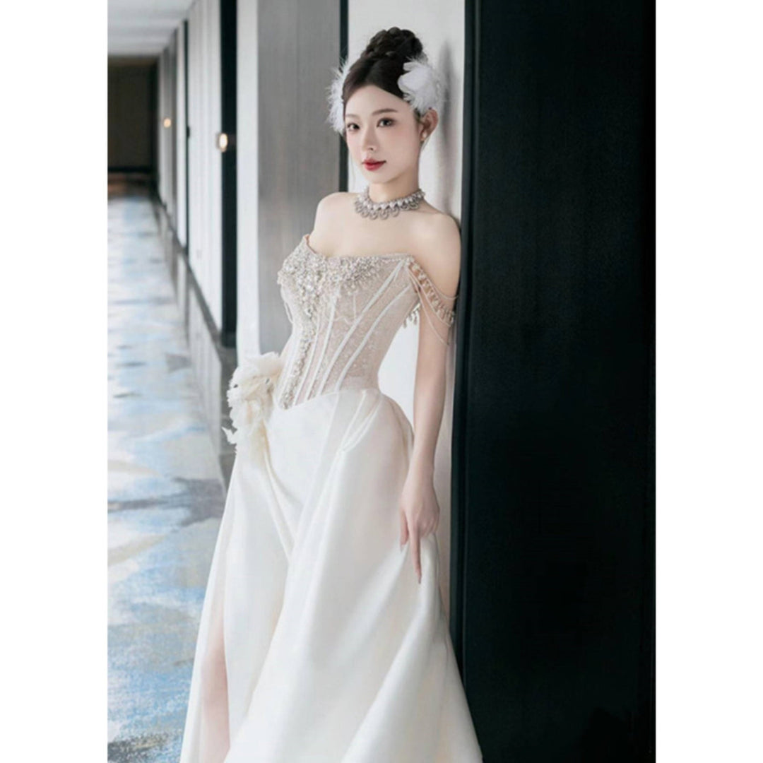 Bridal Wedding Satin Off-shoulder Light Wedding Dress Image 4