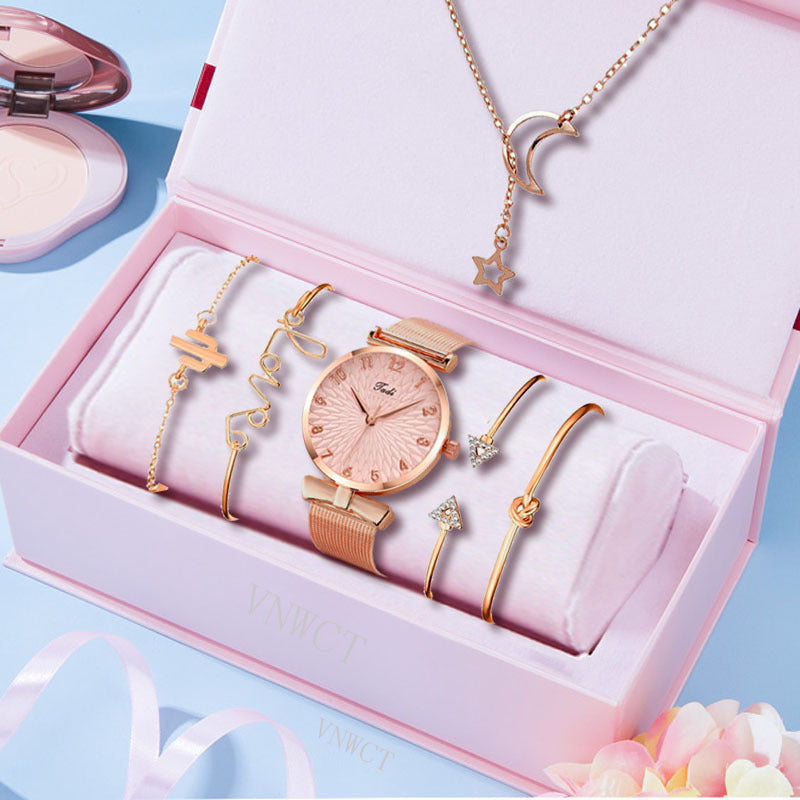 Casual Gift Set Women Disc Mesh Belt Quartz Watch Bracelet Bangle Set 6pcsset Image 1