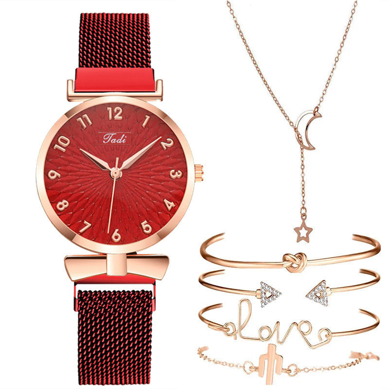 Casual Gift Set Women Disc Mesh Belt Quartz Watch Bracelet Bangle Set 6pcsset Image 2