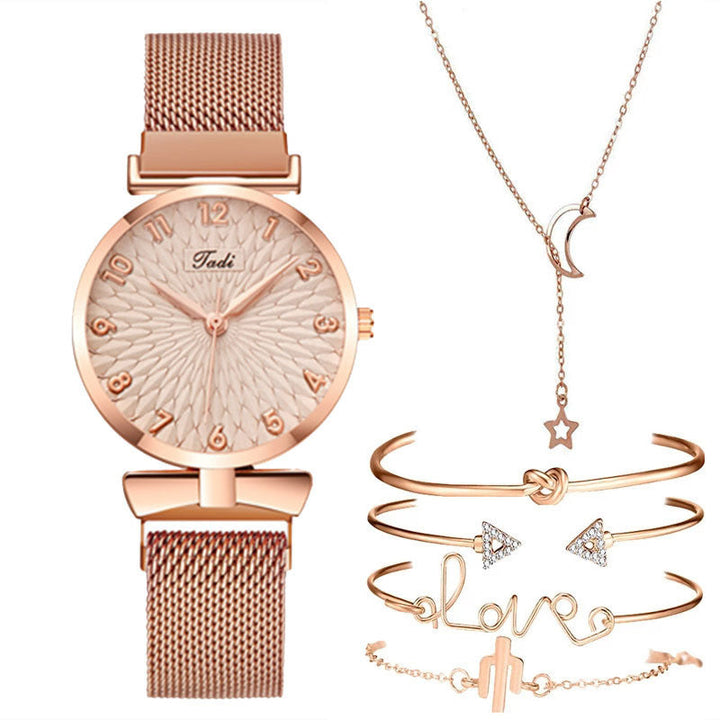 Casual Gift Set Women Disc Mesh Belt Quartz Watch Bracelet Bangle Set 6pcsset Image 3