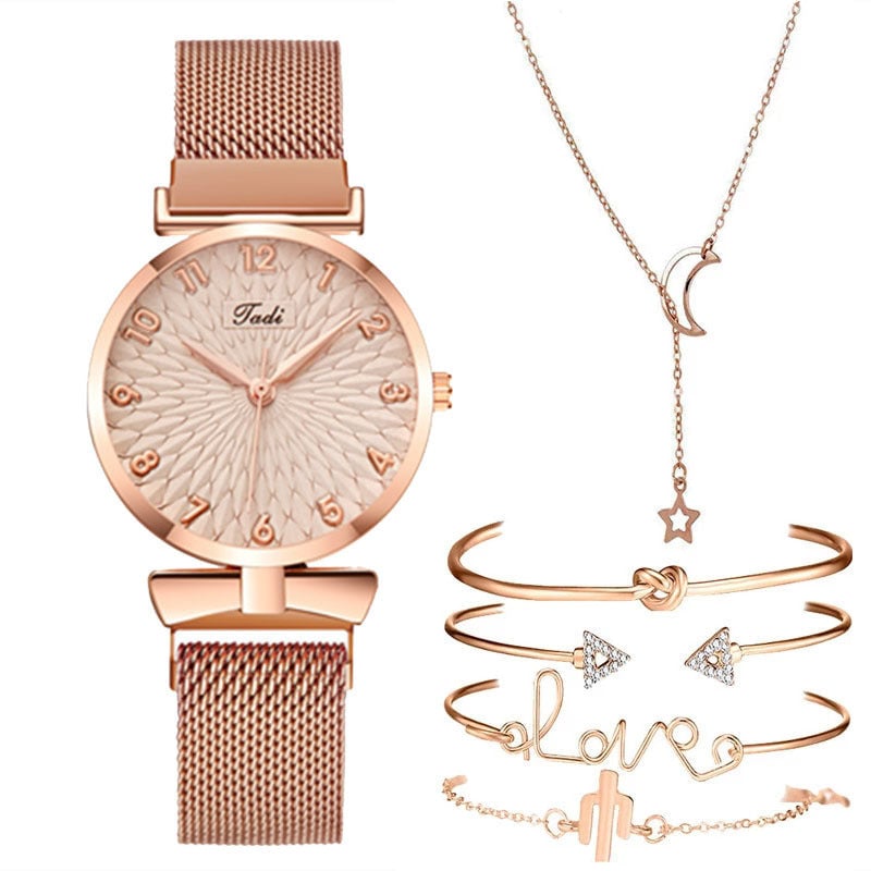 Casual Gift Set Women Disc Mesh Belt Quartz Watch Bracelet Bangle Set 6pcsset Image 1