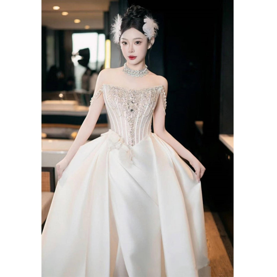 Bridal Wedding Satin Off-shoulder Light Wedding Dress Image 9