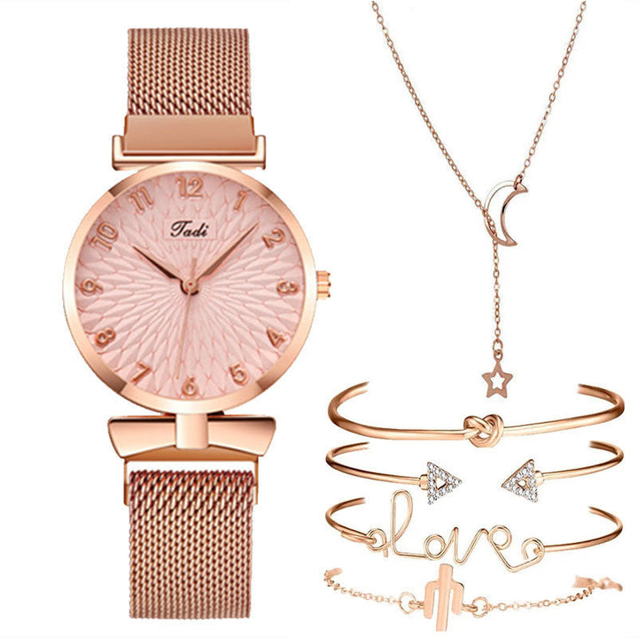 Casual Gift Set Women Disc Mesh Belt Quartz Watch Bracelet Bangle Set 6pcsset Image 4