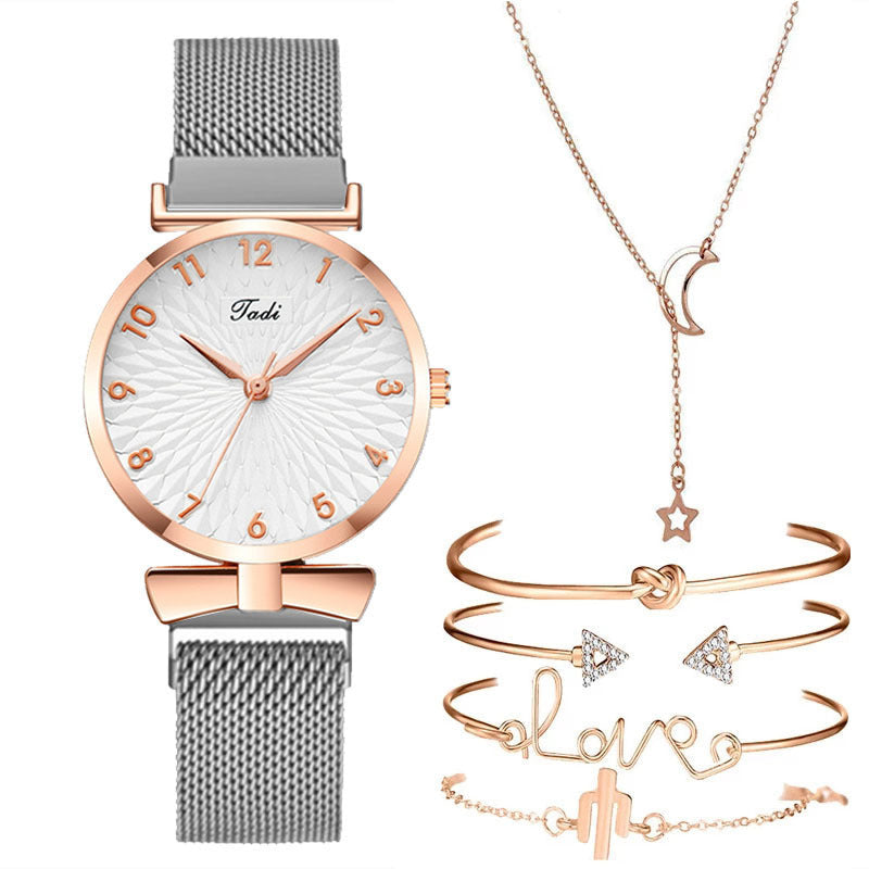 Casual Gift Set Women Disc Mesh Belt Quartz Watch Bracelet Bangle Set 6pcsset Image 7