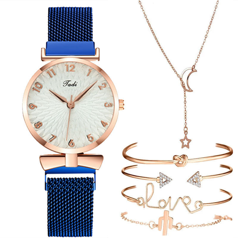 Casual Gift Set Women Disc Mesh Belt Quartz Watch Bracelet Bangle Set 6pcsset Image 9