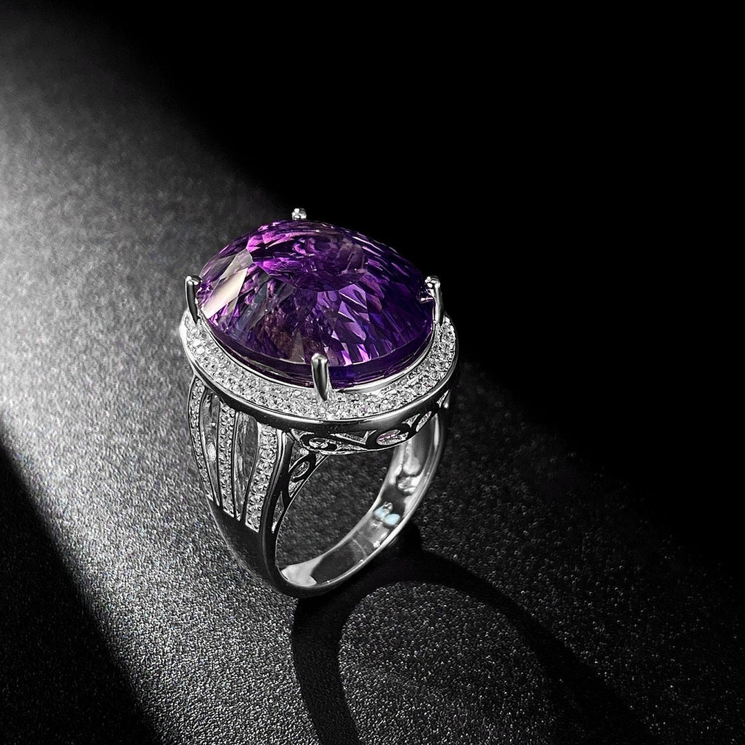 Light And Extravagant Wind Jewelry Large Denier Shaped Natural Amethyst Ring S925 Silver Set Crystal Image 1