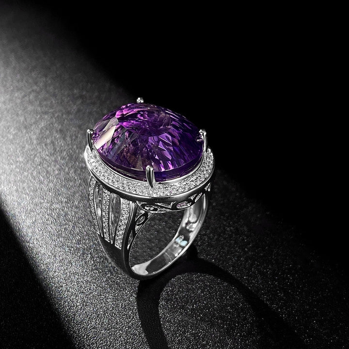 Light And Extravagant Wind Jewelry Large Denier Shaped Natural Amethyst Ring S925 Silver Set Crystal Image 1