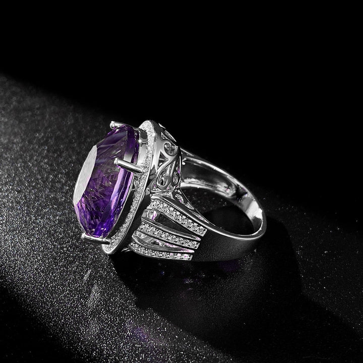 Light And Extravagant Wind Jewelry Large Denier Shaped Natural Amethyst Ring S925 Silver Set Crystal Image 3