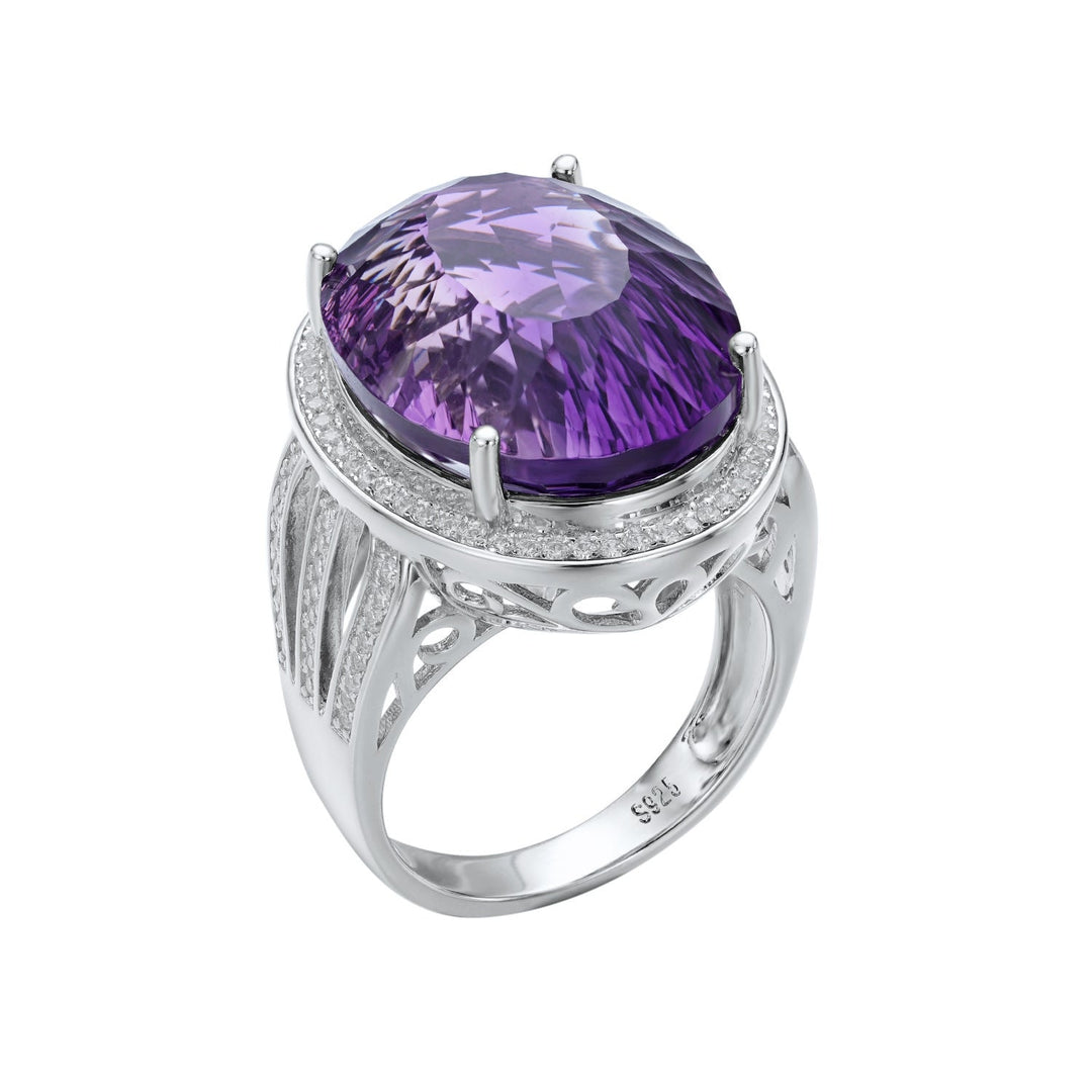 Light And Extravagant Wind Jewelry Large Denier Shaped Natural Amethyst Ring S925 Silver Set Crystal Image 4