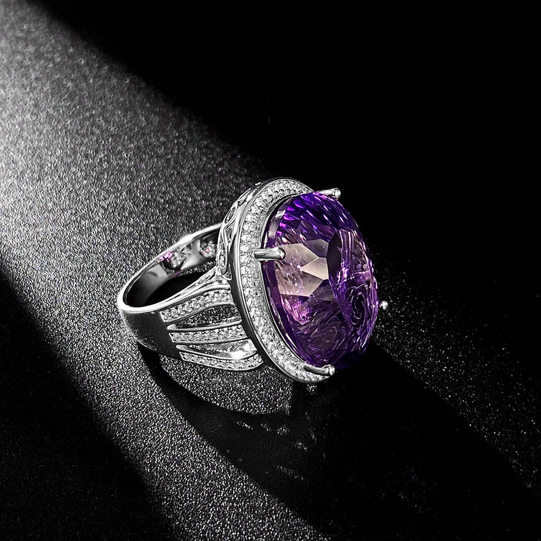 Light And Extravagant Wind Jewelry Large Denier Shaped Natural Amethyst Ring S925 Silver Set Crystal Image 4