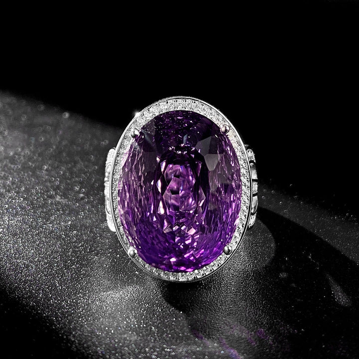 Light And Extravagant Wind Jewelry Large Denier Shaped Natural Amethyst Ring S925 Silver Set Crystal Image 6