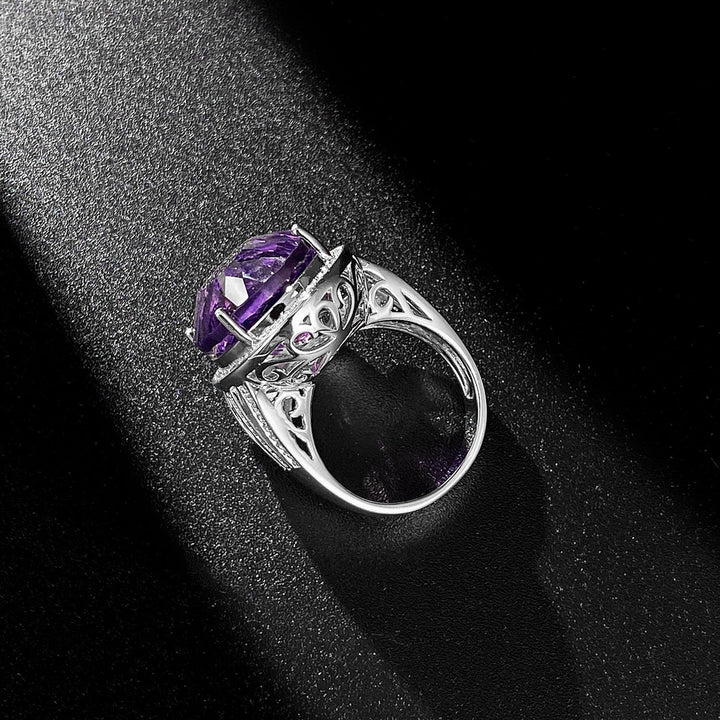 Light And Extravagant Wind Jewelry Large Denier Shaped Natural Amethyst Ring S925 Silver Set Crystal Image 7