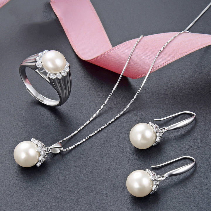 Pearl Jewelry Set S925 Silver Shell Beads Pendant Girls Fashion Zircon Earrings Freshwater Beads Ring Wholesale Image 1