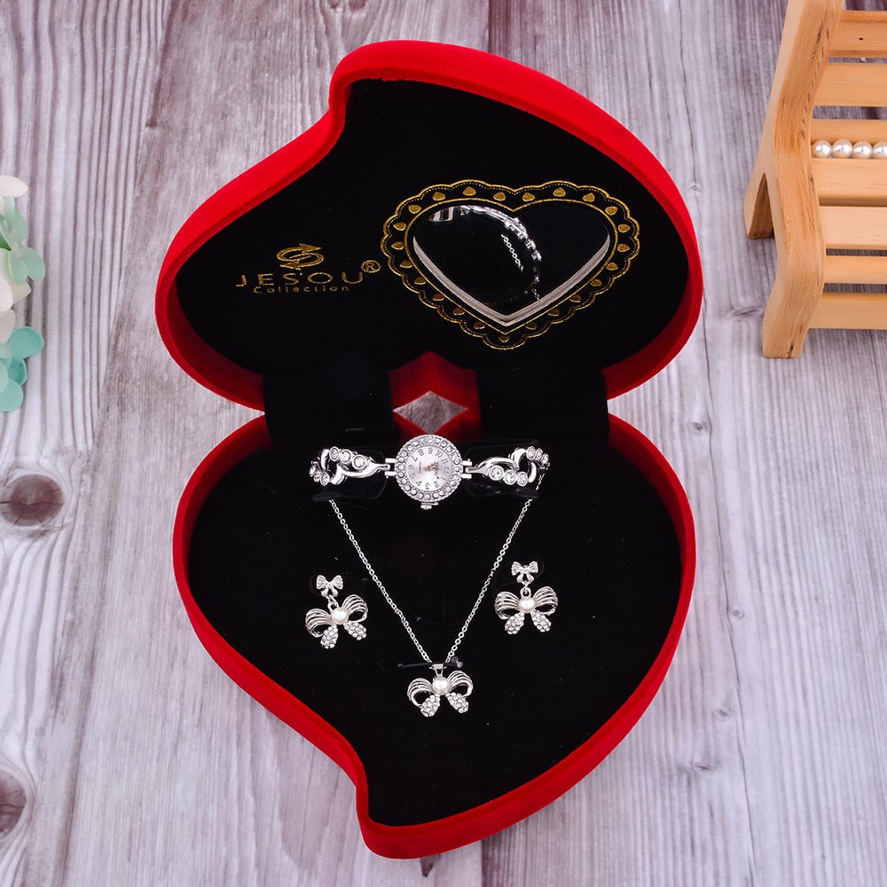 Sweet Light Luxury Necklace Imitated Beads Diamond Earrings Watch Set of 3 Image 1