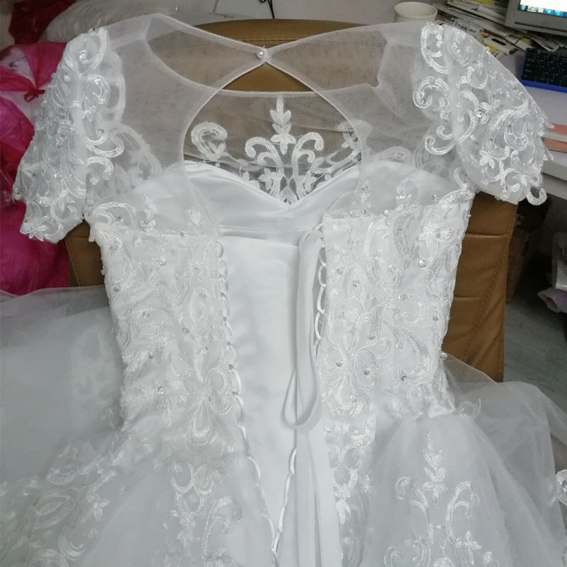 Trailing Wedding Dress White Lace Plus Size Short-sleeved Dress Image 3