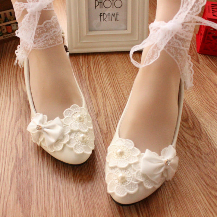 White Bow Ribbon Bridesmaid Wedding Dress Shoes Image 1