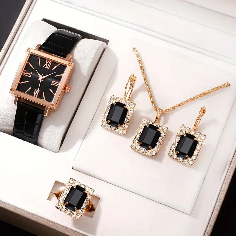 Womens Fashion All-match Diamond Belt Quartz Watch 4-piece Set Image 2