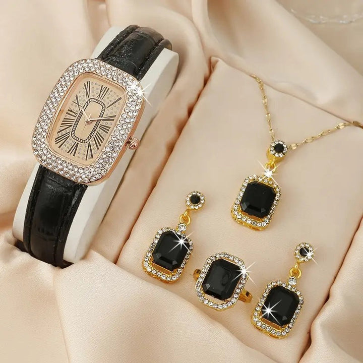 Womens Fashion All-match Diamond Belt Quartz Watch 4-piece Set Image 3