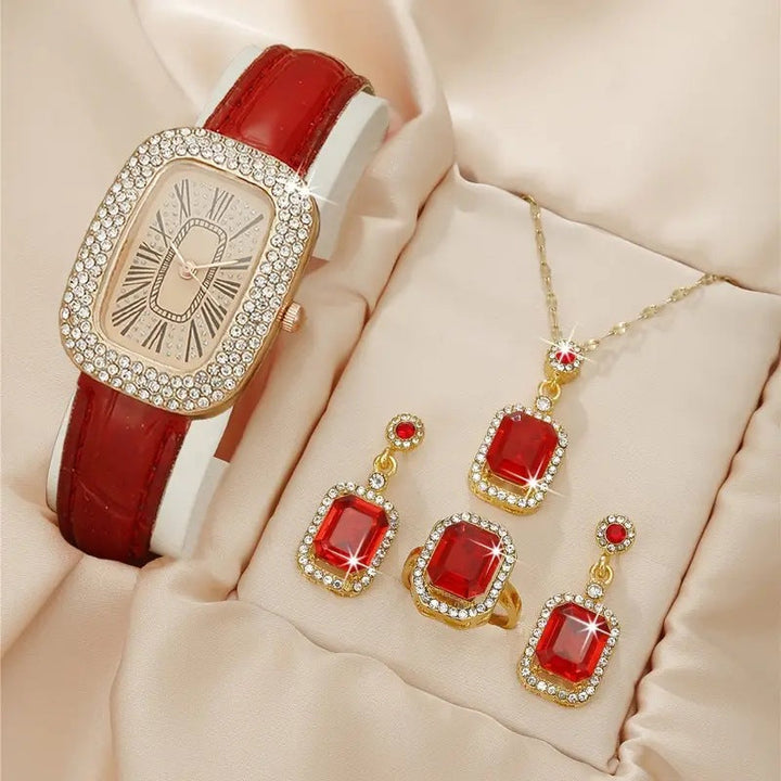 Womens Fashion All-match Diamond Belt Quartz Watch 4-piece Set Image 12