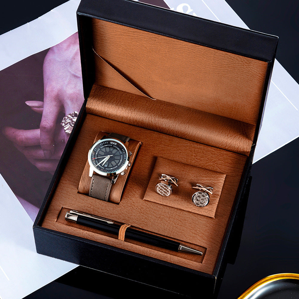 3 Piece Mens Watch Set Gift Box Sports Retro Calendar Quartz Watch Pen Cufflinks Image 1