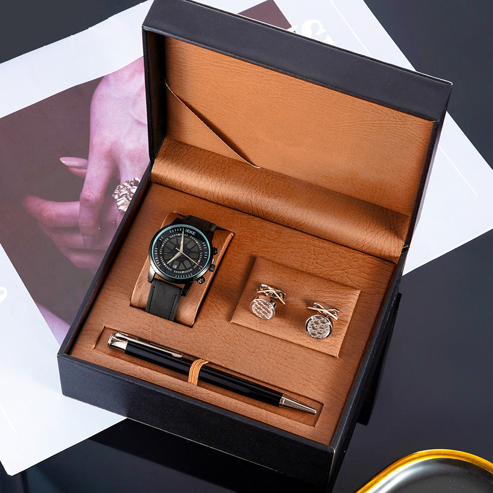 3 Piece Mens Watch Set Gift Box Sports Retro Calendar Quartz Watch Pen Cufflinks Image 2