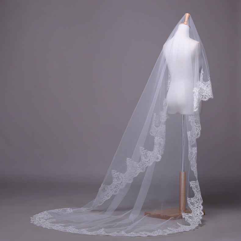 Bride Elegant Wedding Dress Headdress Three Meters Long Lace Veil Image 1