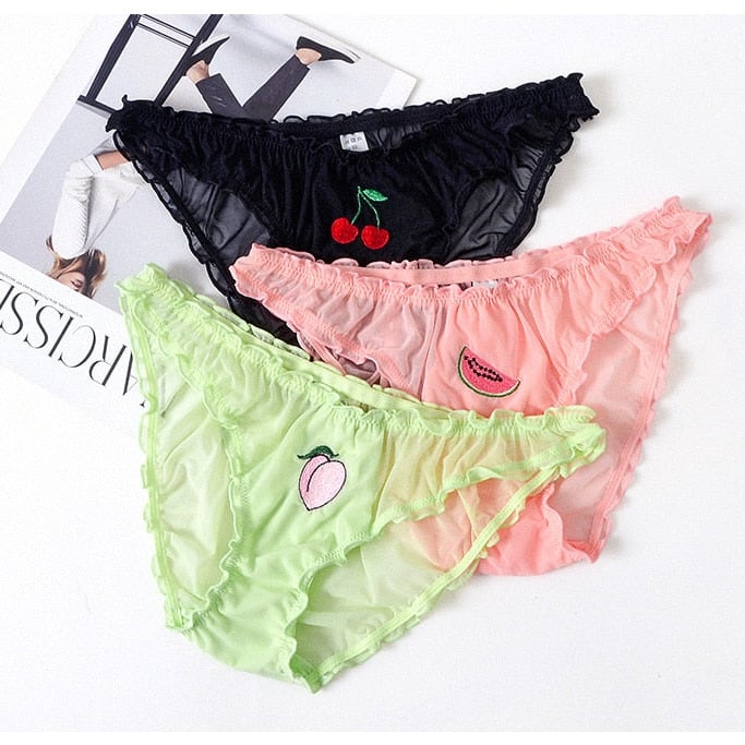 Women Fashion 3Pcs/Lot Lace Lingerie Temptation Low-waist Panties Fruit Ins Embroidery Transparent Briefs Seamless Image 4