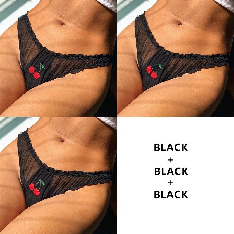 Women Fashion 3Pcs/Lot Lace Lingerie Temptation Low-waist Panties Fruit Ins Embroidery Transparent Briefs Seamless Image 6