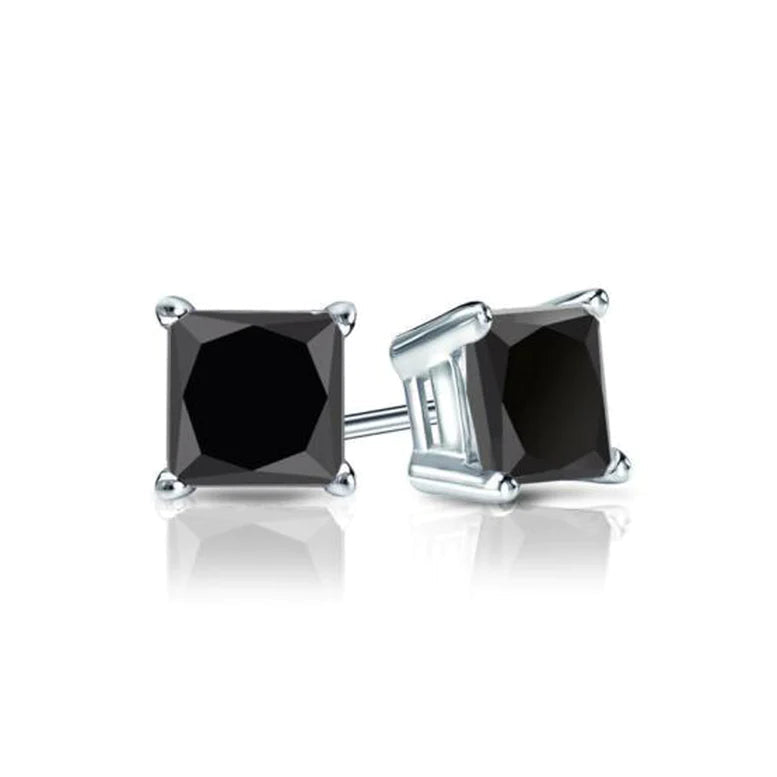 14k White Gold 1/3 Ct Created Black Diamond Princess Cut Stud Earrings Image 1