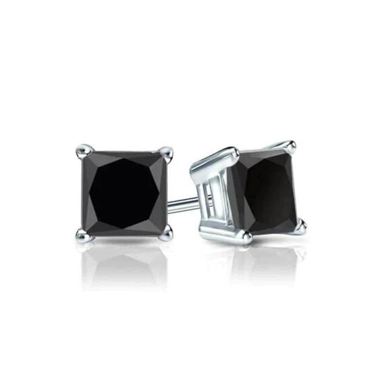 14k White Gold Plated Black Diamond Princess Cut Stud Earrings 4mm Womens Image 1