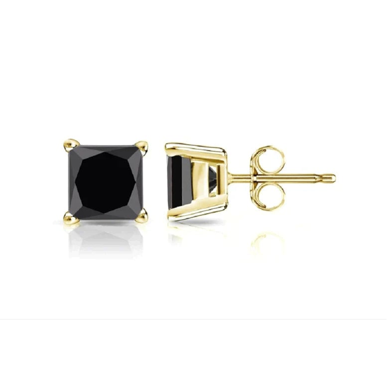 14k Yellow Gold Plated Created Black Diamond Princess Cut Stud Earrings 4mm Image 1