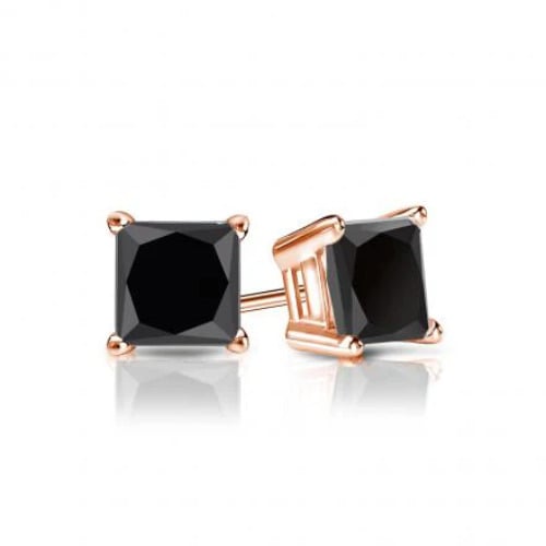 14k Rose Gold Created Black Diamond Princess Cut Stud Earrings 1/4 Ct Women Image 1