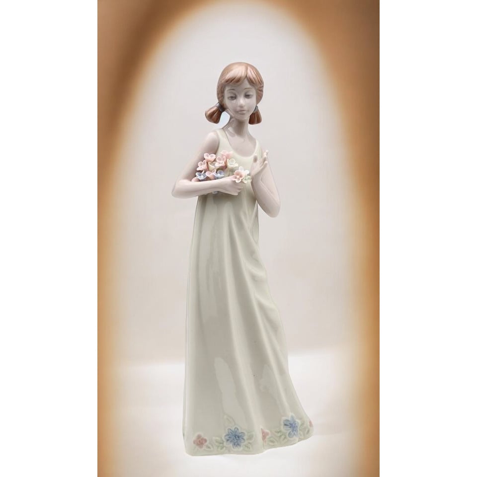 Ceramic Lady Figurine 9.75 Inch Decor Mom Holding Flowers Image 1