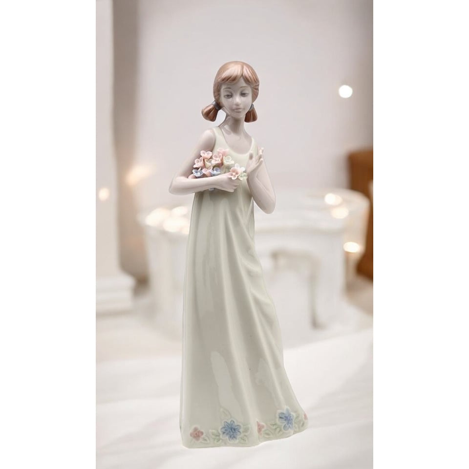 Ceramic Lady Figurine 9.75 Inch Decor Mom Holding Flowers Image 2