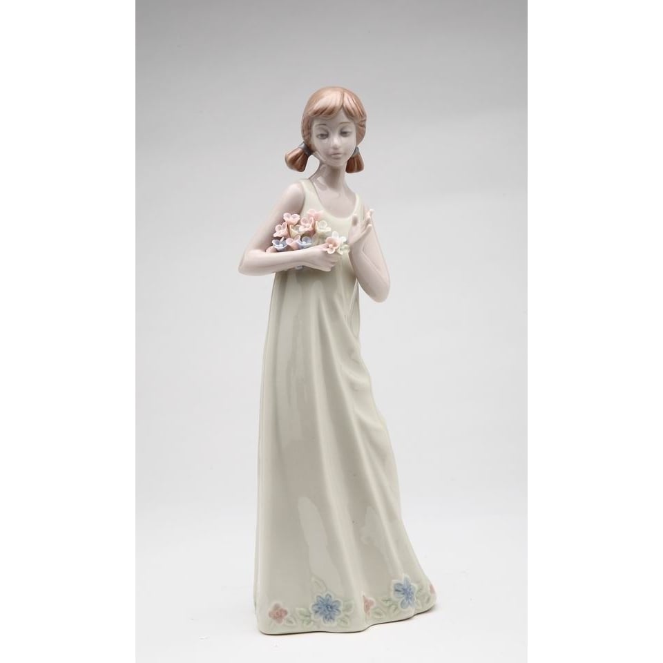 Ceramic Lady Figurine 9.75 Inch Decor Mom Holding Flowers Image 3